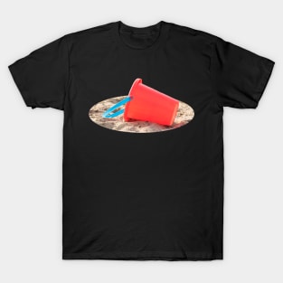 Red Sand Pail on Beach Sticker T-Shirt
